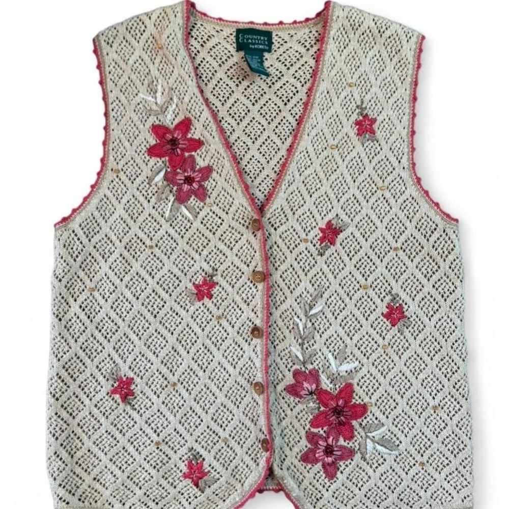 Country Classics by Koret cream and red floral embroidered‎ vest Size M